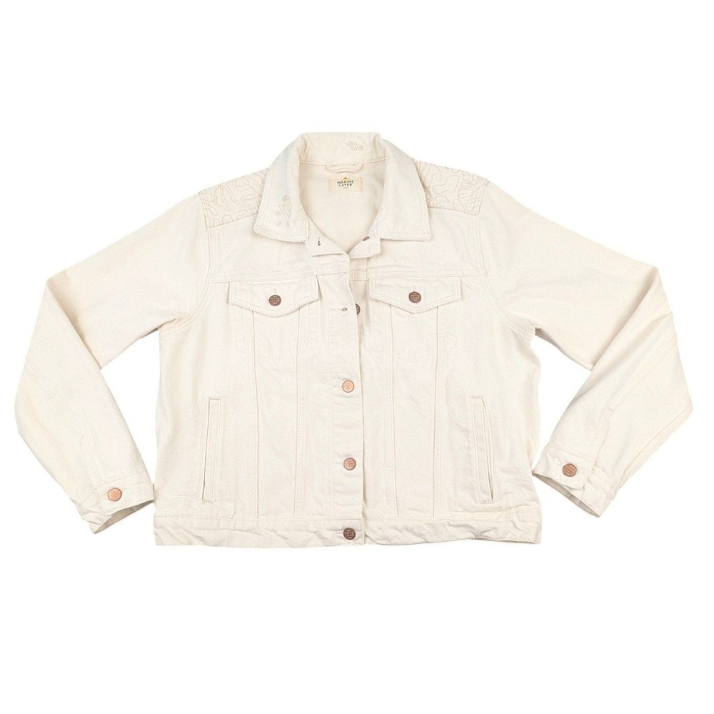 Marine Layer Denim Jacket Large Cream Off-White Embroidered Cotton Trucker Chore